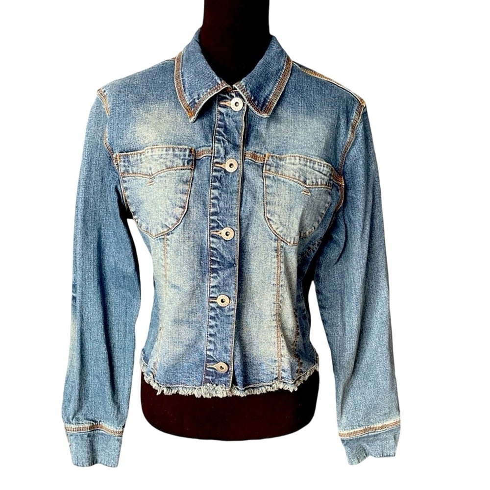 Ethyl Distressed Denim Frayed Hem Cropped Jean Jacket, XL, Retro Edgy Festival